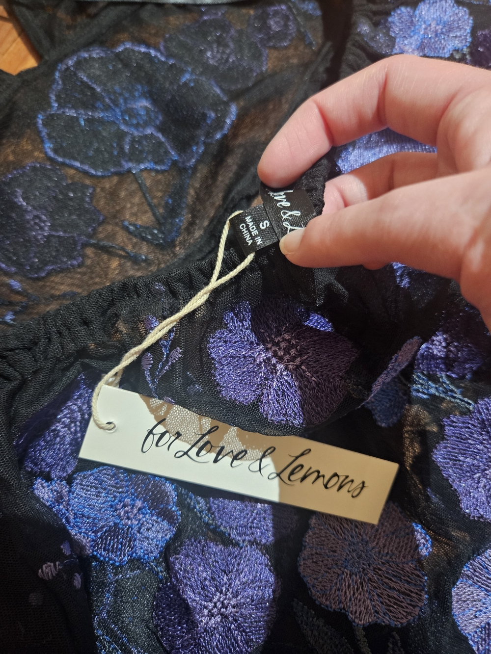 For Love & Lemons Black Sheer Dress with Purple & Blue Floral Embroidery - Picture 4 of 8